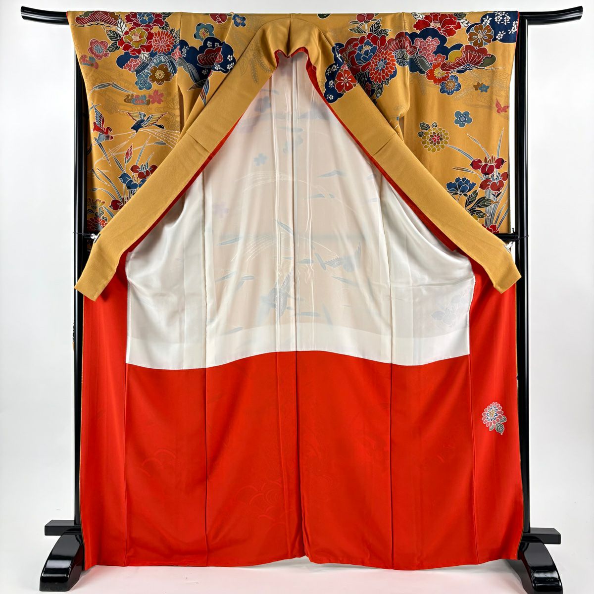 振袖禮服 身長169.5cm 袖長66cm M 雙層 牡丹 草花紋紋 絞染 薄橙色 純蠶絲 名品級
