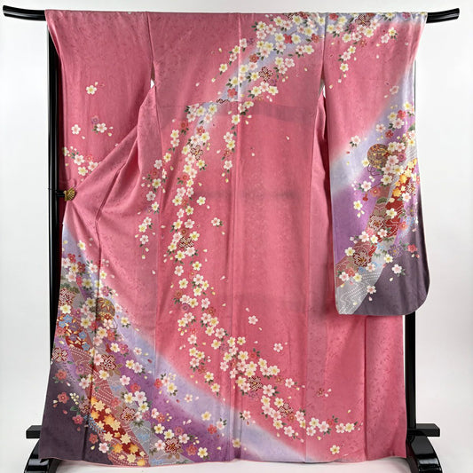 振袖禮服 身長170cm 袖長69cm L 雙層 手鞠 櫻花 金銀彩 粉紅 純蠶絲 名品級