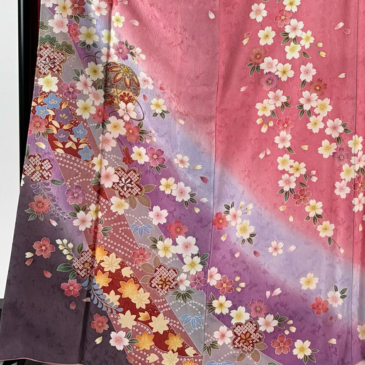 振袖禮服 身長170cm 袖長69cm L 雙層 手鞠 櫻花 金銀彩 粉紅 純蠶絲 名品級
