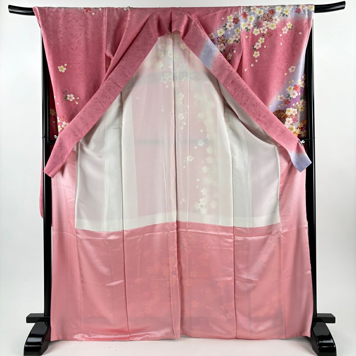 振袖禮服 身長170cm 袖長69cm L 雙層 手鞠 櫻花 金銀彩 粉紅 純蠶絲 名品級