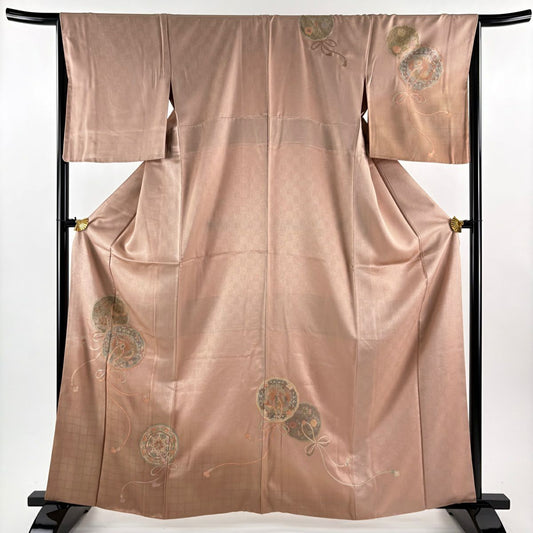 【美品】訪問服 身長163cm 袖長66.5cm M 雙層 鏡裏文 鳳凰 刺繡 漸層 粉米色 純蠶絲 秀品級