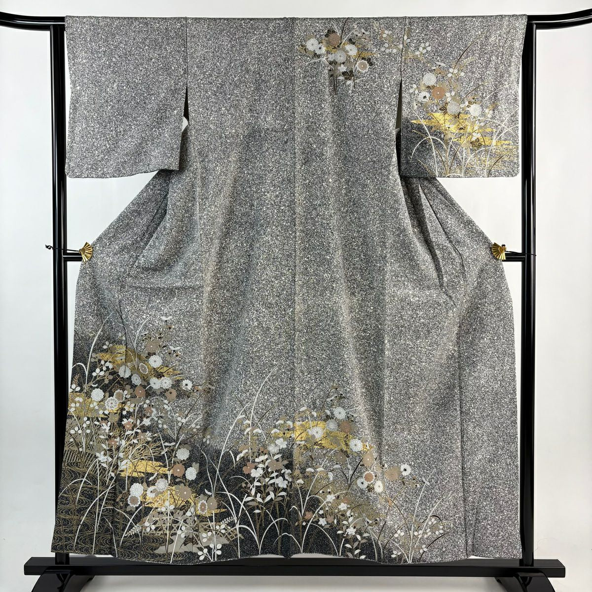 訪問服 身長155cm 袖長63cm S 雙層 秋草 流水 金彩裝飾 染分 黑灰 純蠶絲 秀品級