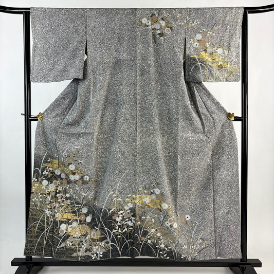 訪問服 身長155cm 袖長63cm S 雙層 秋草 流水 金彩裝飾 染分 黑灰 純蠶絲 秀品級