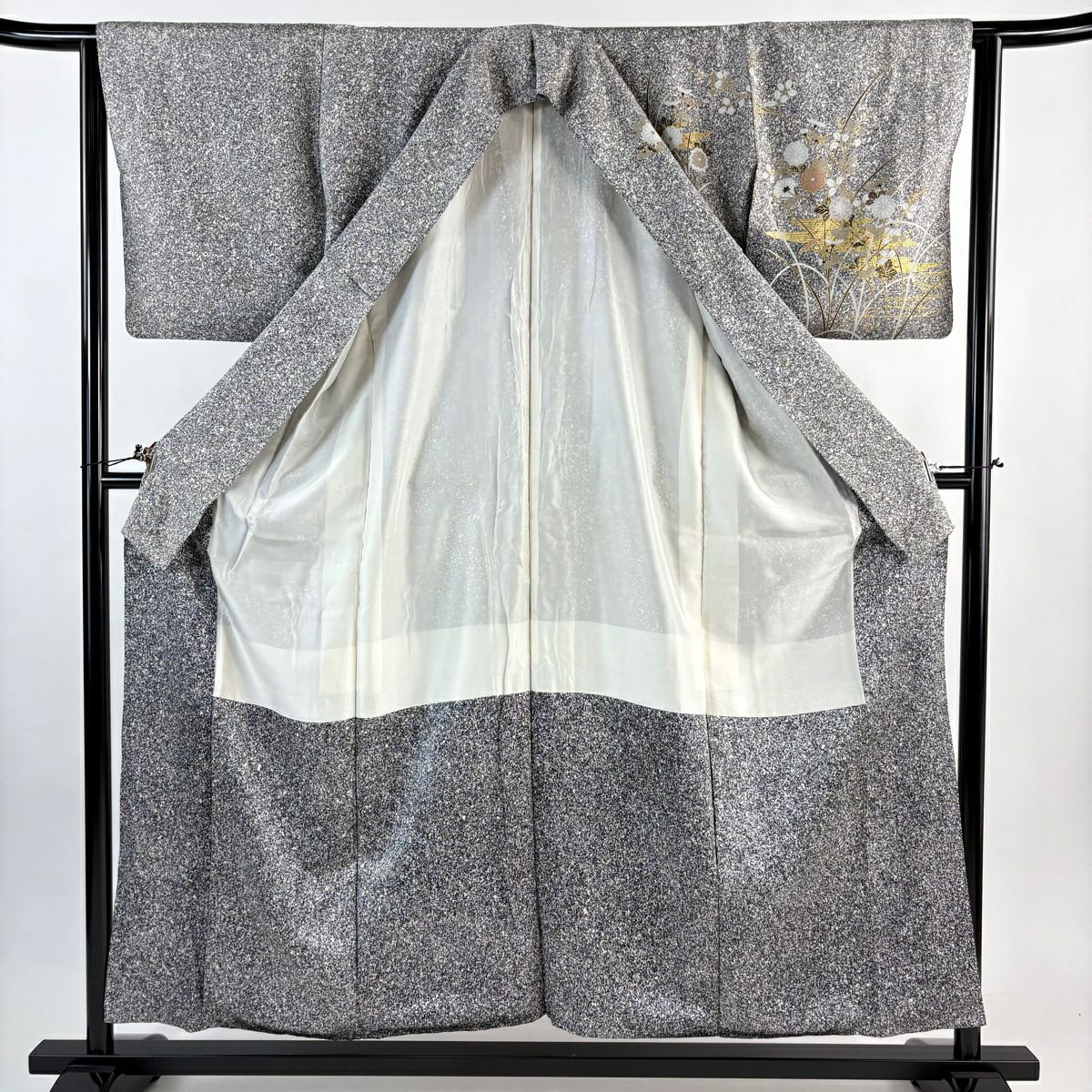 訪問服 身長155cm 袖長63cm S 雙層 秋草 流水 金彩裝飾 染分 黑灰 純蠶絲 秀品級