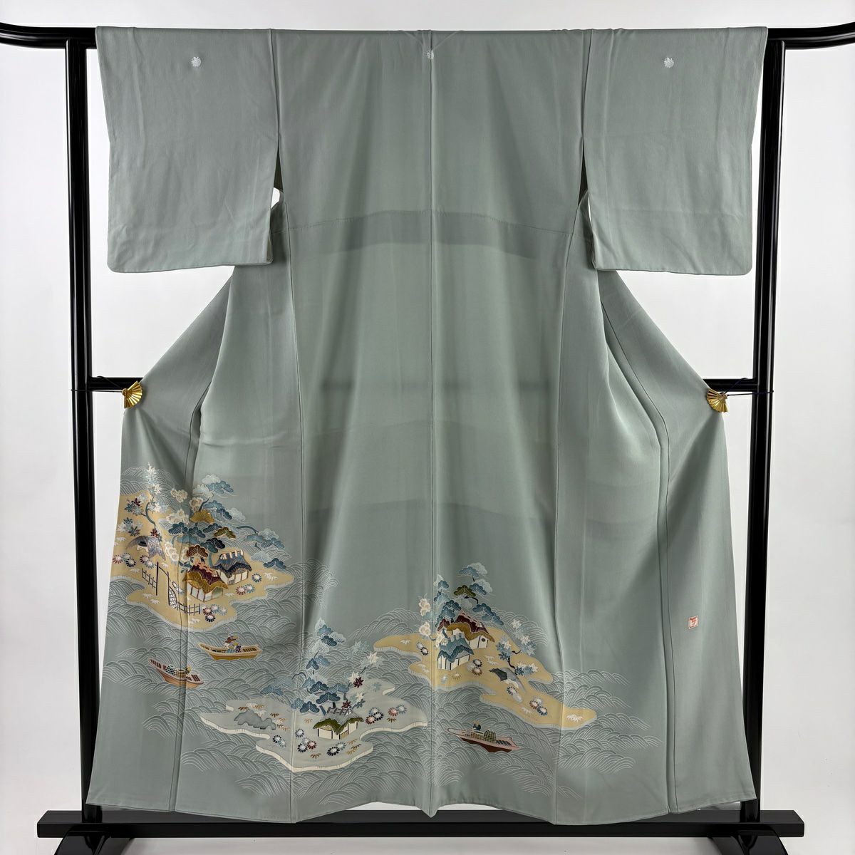 色留袖禮服 身長154.5cm 袖長61.5cm S 雙層 落款あり 家屋 松樹竹子梅花 金糸 刺繡 灰綠 純蠶絲 秀品級 三つ紋