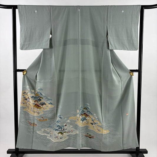 色留袖禮服 身長154.5cm 袖長61.5cm S 雙層 落款あり 家屋 松樹竹子梅花 金糸 刺繡 灰綠 純蠶絲 秀品級 三つ紋