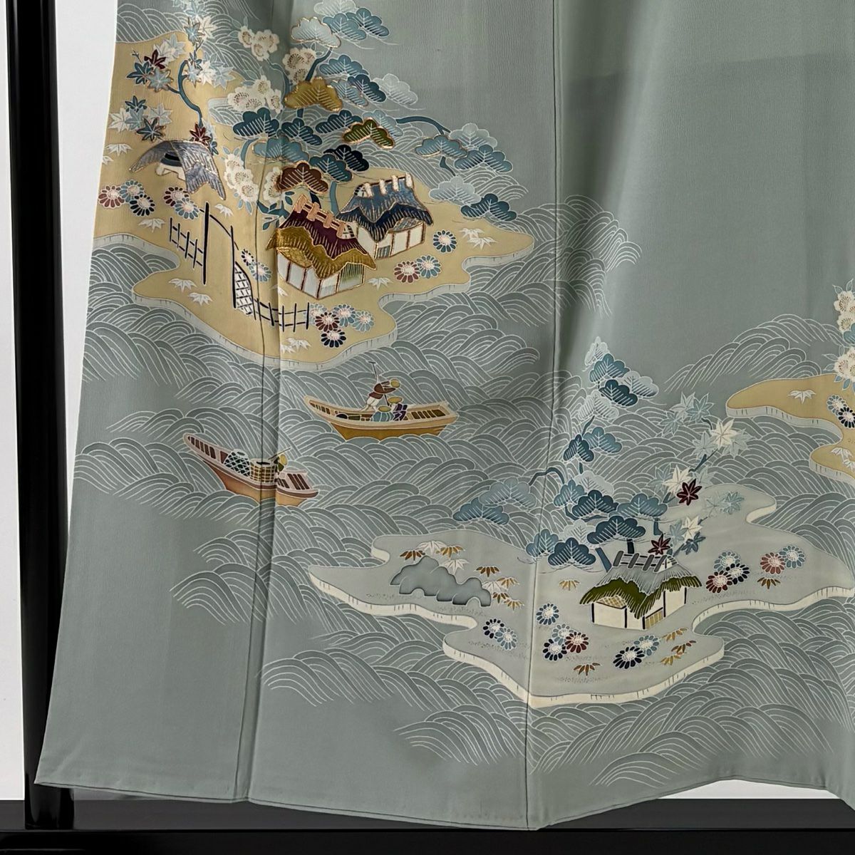 色留袖禮服 身長154.5cm 袖長61.5cm S 雙層 落款あり 家屋 松樹竹子梅花 金糸 刺繡 灰綠 純蠶絲 秀品級 三つ紋