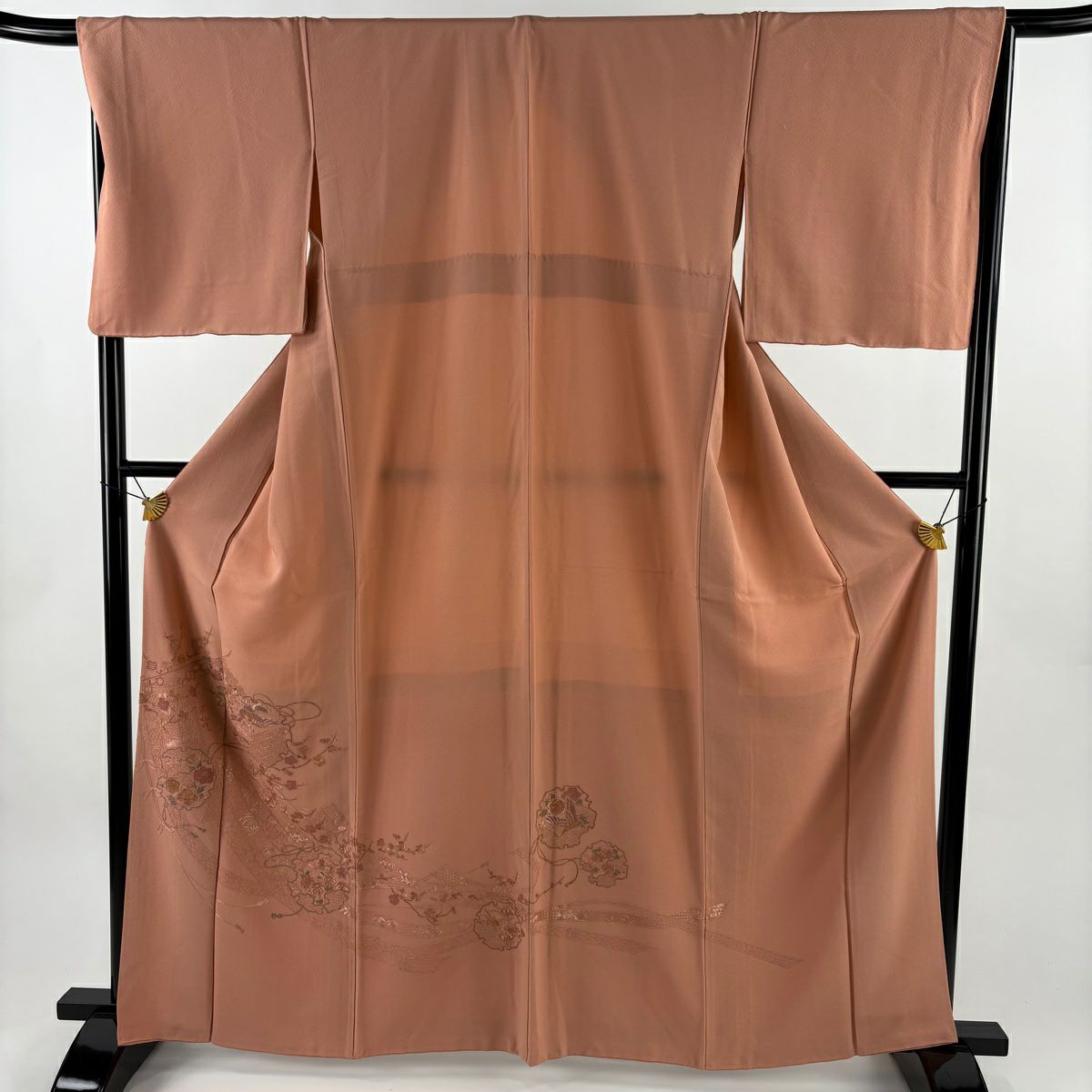 訪問服 身長162.5cm 袖長67.5cm L 雙層 雪輪 花鳥 刺繡 粉米色 純蠶絲 優品級