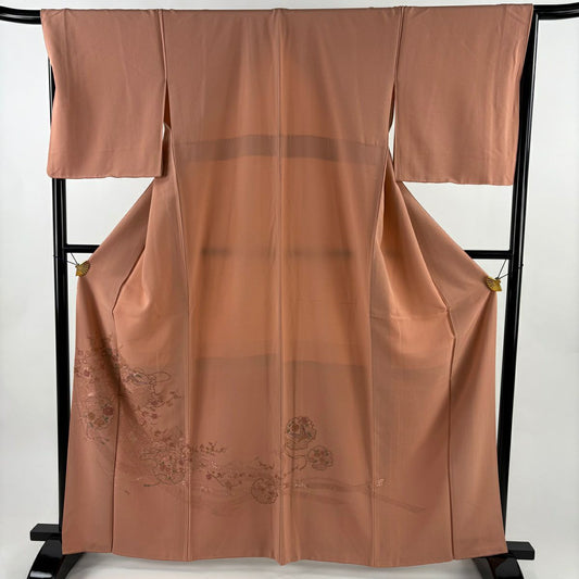 訪問服 身長162.5cm 袖長67.5cm L 雙層 雪輪 花鳥 刺繡 粉米色 純蠶絲 優品級