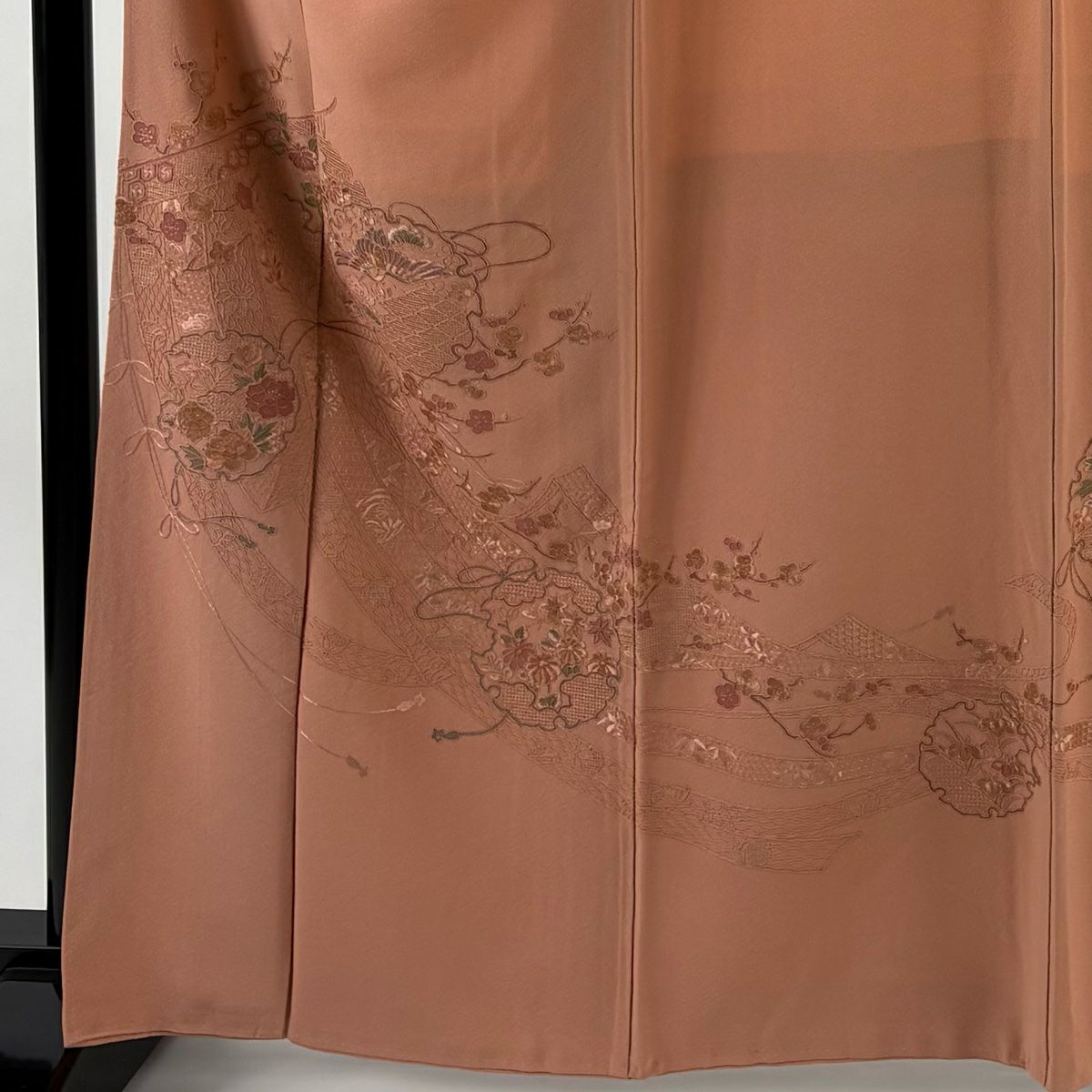 訪問服 身長162.5cm 袖長67.5cm L 雙層 雪輪 花鳥 刺繡 粉米色 純蠶絲 優品級