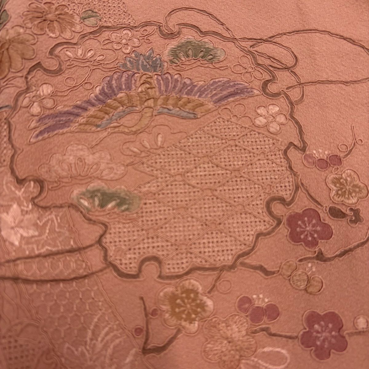 訪問服 身長162.5cm 袖長67.5cm L 雙層 雪輪 花鳥 刺繡 粉米色 純蠶絲 優品級