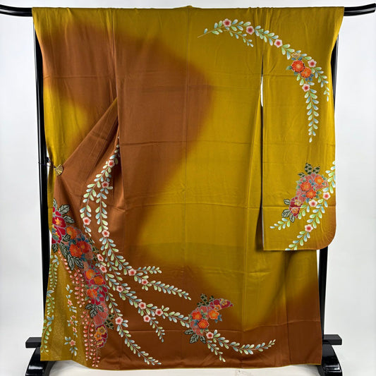 振袖禮服 身長168.5cm 袖長68cm L 雙層櫻草花紋金銀彩染分茶純蠶絲秀品級