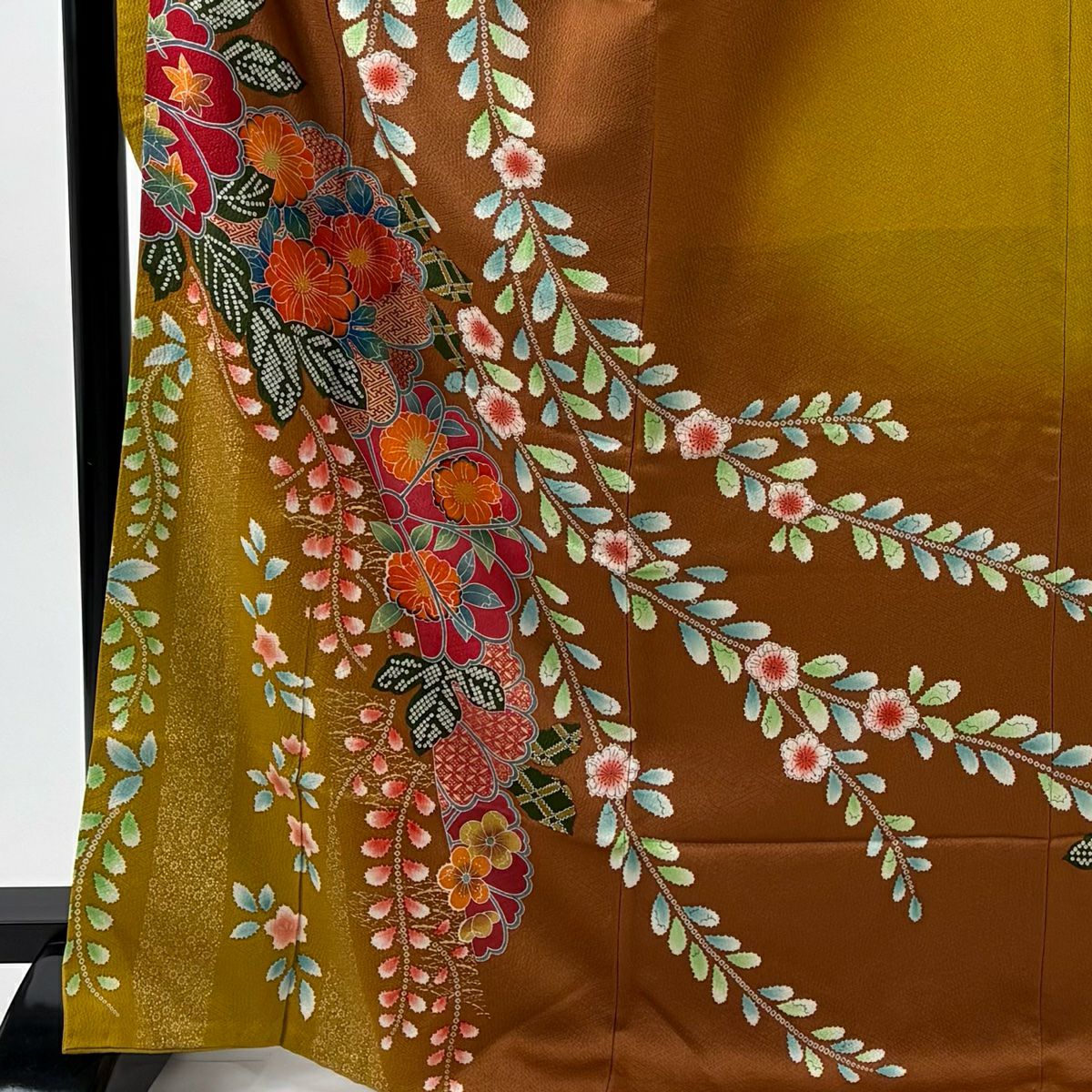 振袖禮服 身長168.5cm 袖長68cm L 雙層櫻草花紋金銀彩染分茶純蠶絲秀品級