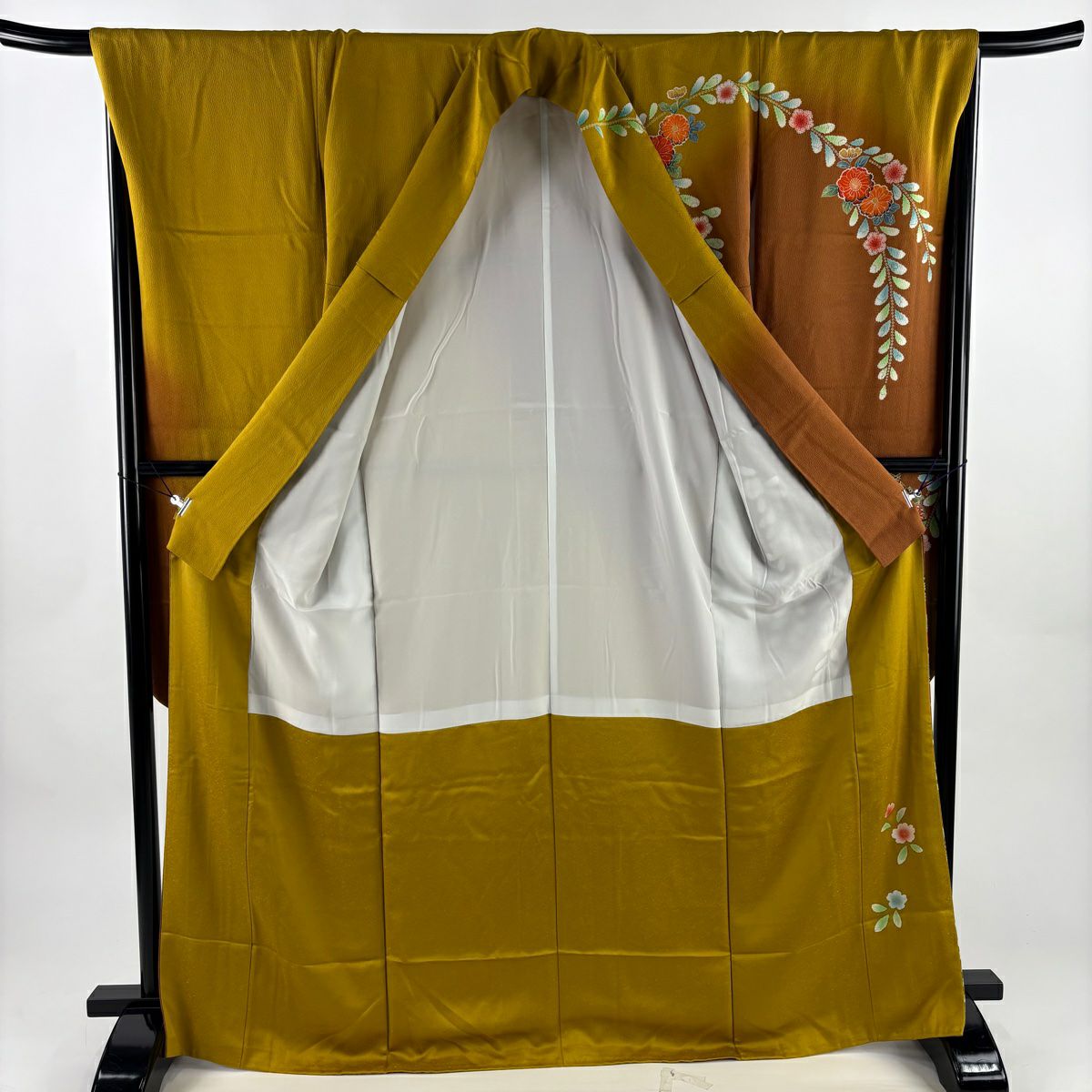 振袖禮服 身長168.5cm 袖長68cm L 雙層櫻草花紋金銀彩染分茶純蠶絲秀品級