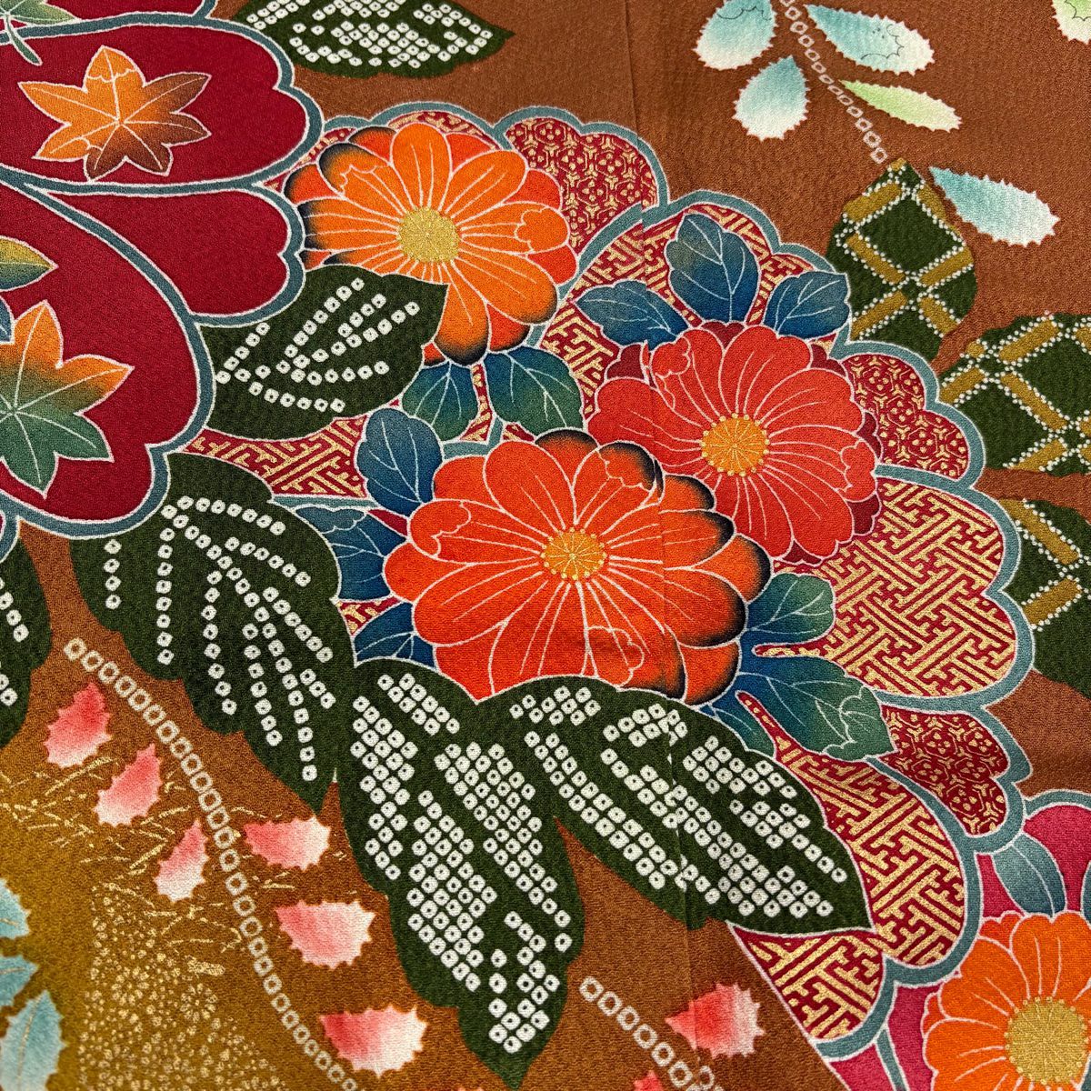 振袖禮服 身長168.5cm 袖長68cm L 雙層櫻草花紋金銀彩染分茶純蠶絲秀品級