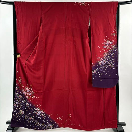 振袖禮服 身長164cm 袖長65cm M 雙層 樱花 樱花花瓣 染分 紅 純蠶絲 優品級