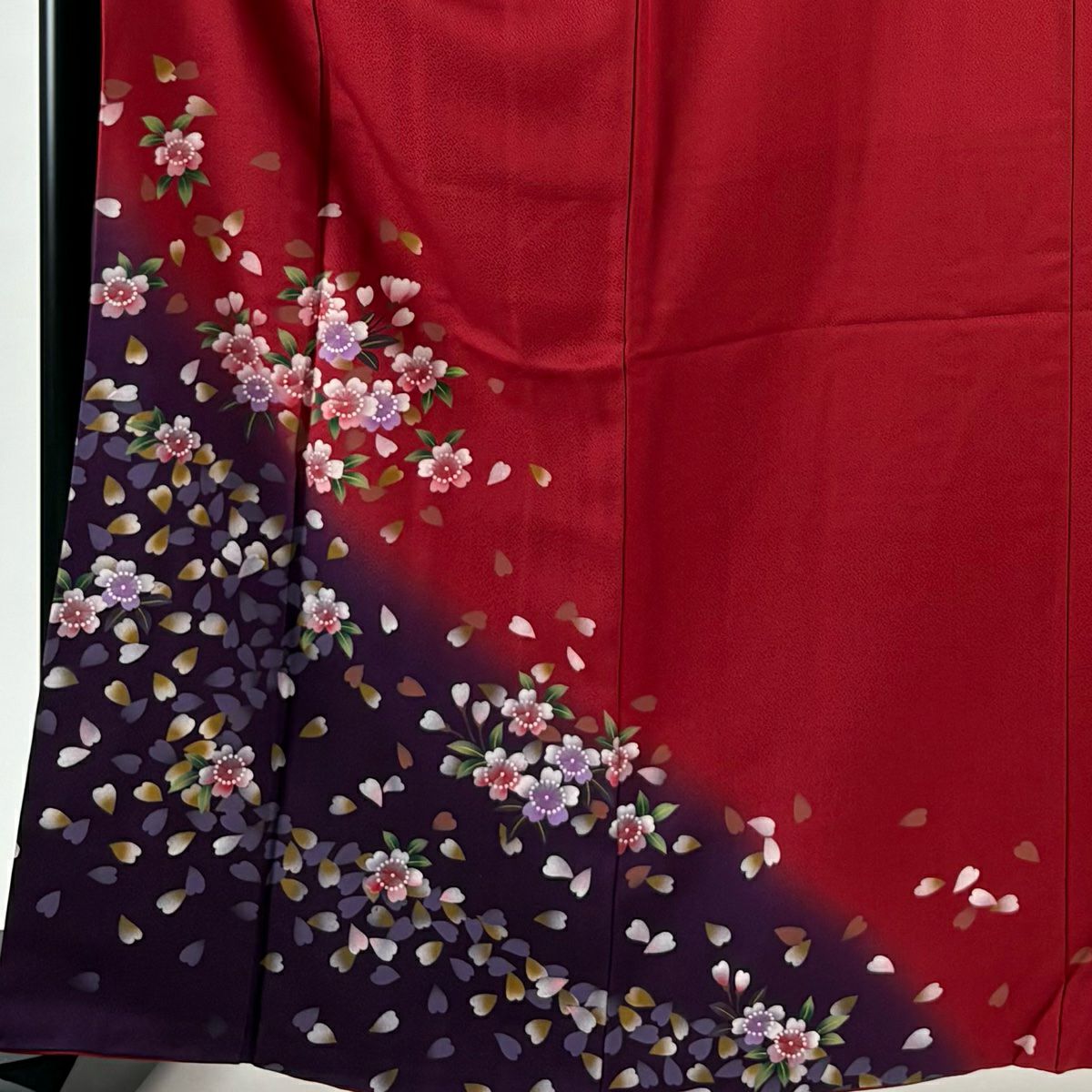 振袖禮服 身長164cm 袖長65cm M 雙層 樱花 樱花花瓣 染分 紅 純蠶絲 優品級