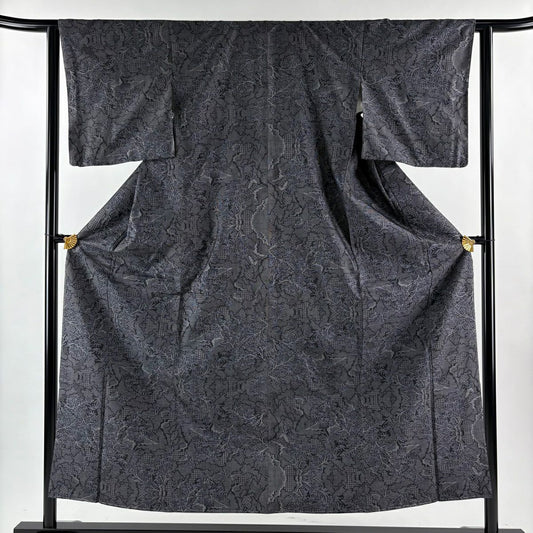 【美品】 大島紬織 身長153cm 袖長62.5cm S 雙層 證書齊全 樹木 黑灰 純蠶絲 優品級