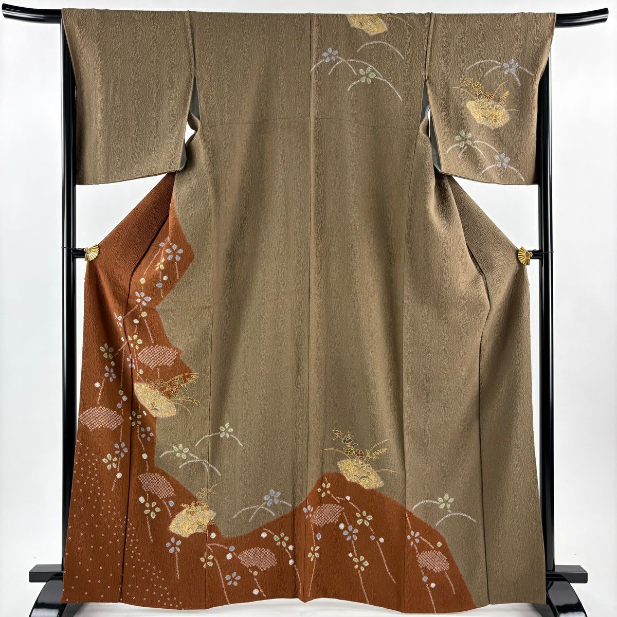 訪問服 身長165cm 袖長68cm L 雙層 扇子面 菊花 絞染 金彩裝飾 茶 純蠶絲 秀品級
