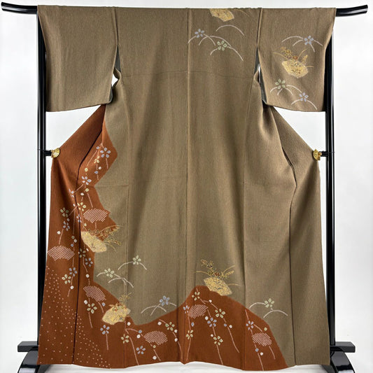 訪問服 身長165cm 袖長68cm L 雙層 扇子面 菊花 絞染 金彩裝飾 茶 純蠶絲 秀品級