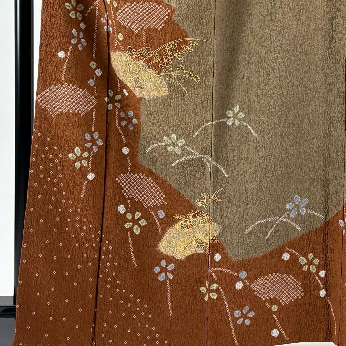 訪問服 身長165cm 袖長68cm L 雙層 扇子面 菊花 絞染 金彩裝飾 茶 純蠶絲 秀品級