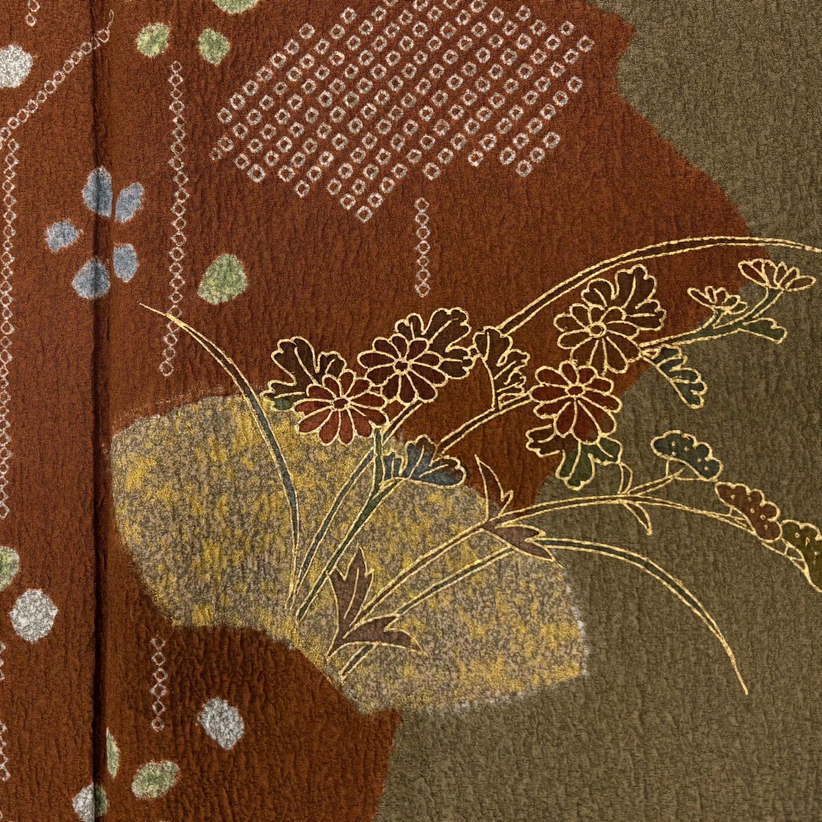 訪問服 身長165cm 袖長68cm L 雙層 扇子面 菊花 絞染 金彩裝飾 茶 純蠶絲 秀品級