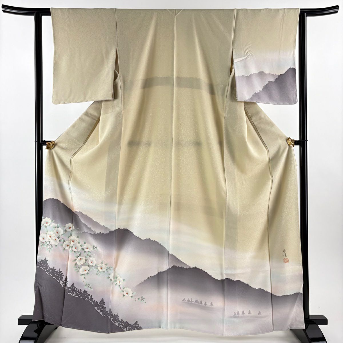 付下 身長164cm 袖長62cm S 雙層 落款有 椿 山並 金銀彩 漸層 米色 純蠶絲 優品級