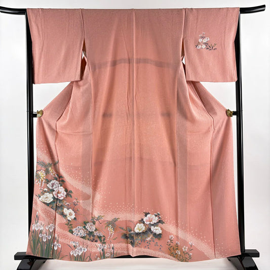 訪問服 身長160.5cm 袖長67.5cm L 雙層 牡丹 菖蒲 絞染 金銀彩 粉紅 純蠶絲 秀品級