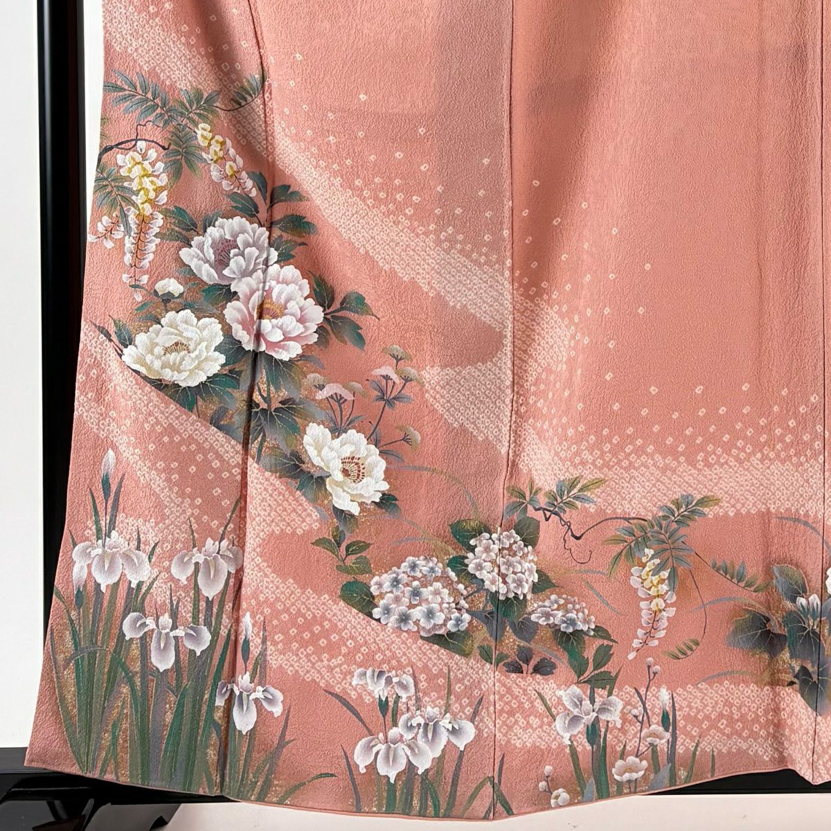 訪問服 身長160.5cm 袖長67.5cm L 雙層 牡丹 菖蒲 絞染 金銀彩 粉紅 純蠶絲 秀品級