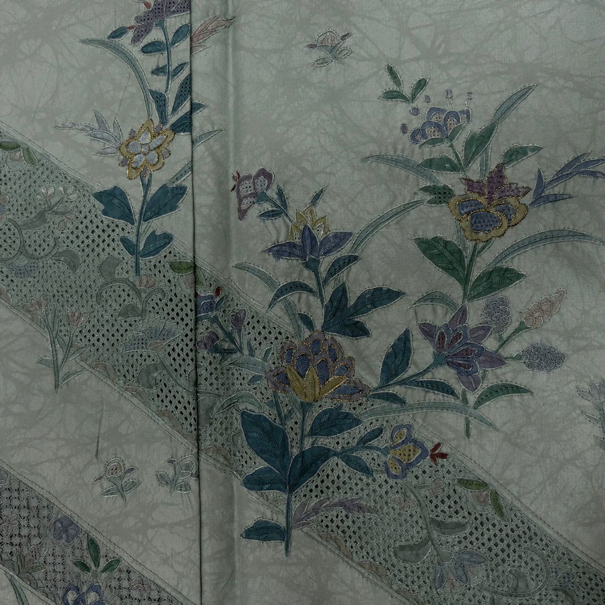 訪問服 身長161cm 袖長66.5cm M 雙層 紬織織 草花紋紋 花唐草紋刺繡 金糸 灰綠 純蠶絲 秀品級