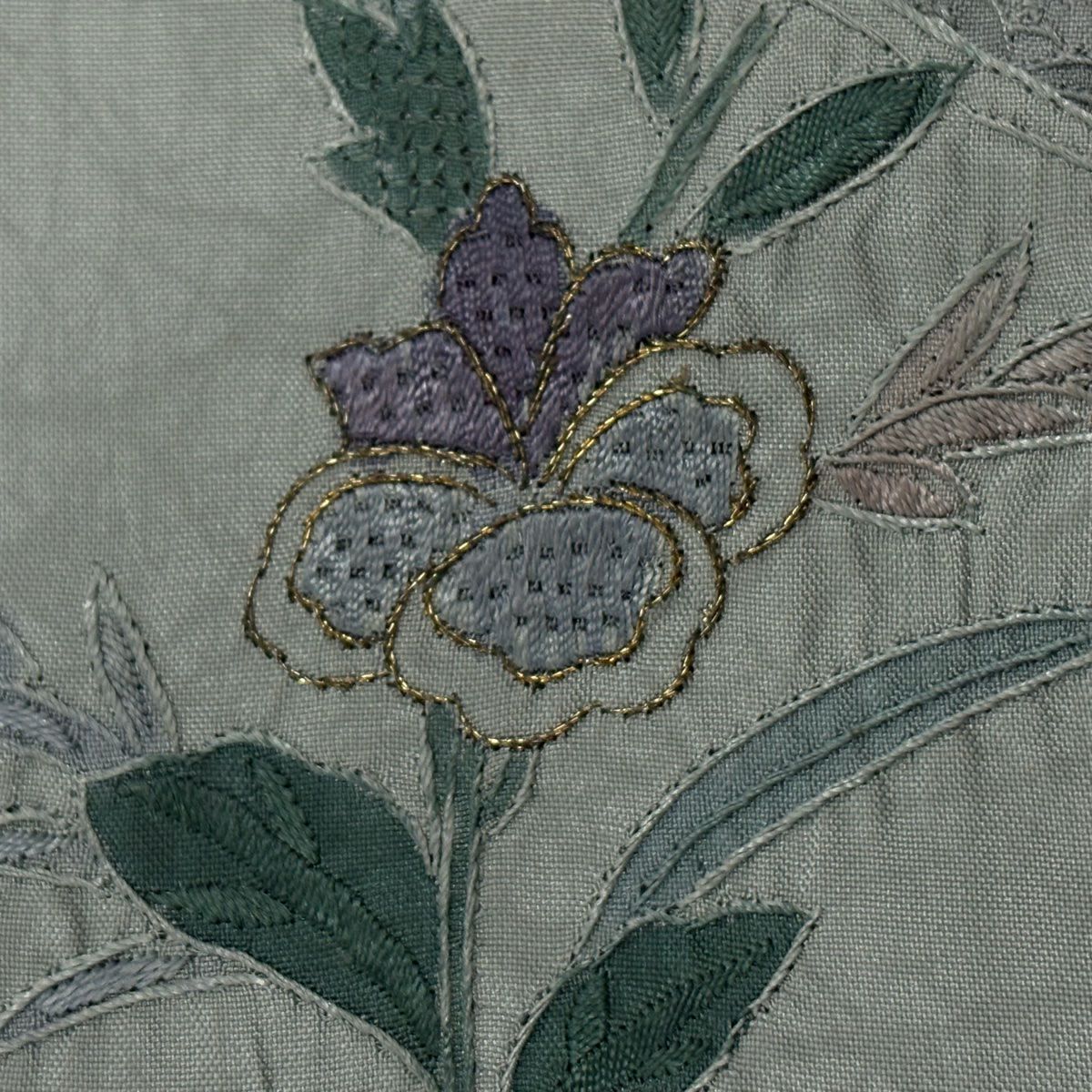 訪問服 身長161cm 袖長66.5cm M 雙層 紬織織 草花紋紋 花唐草紋刺繡 金糸 灰綠 純蠶絲 秀品級
