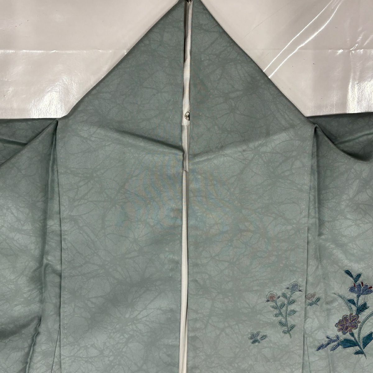 訪問服 身長161cm 袖長66.5cm M 雙層 紬織織 草花紋紋 花唐草紋刺繡 金糸 灰綠 純蠶絲 秀品級