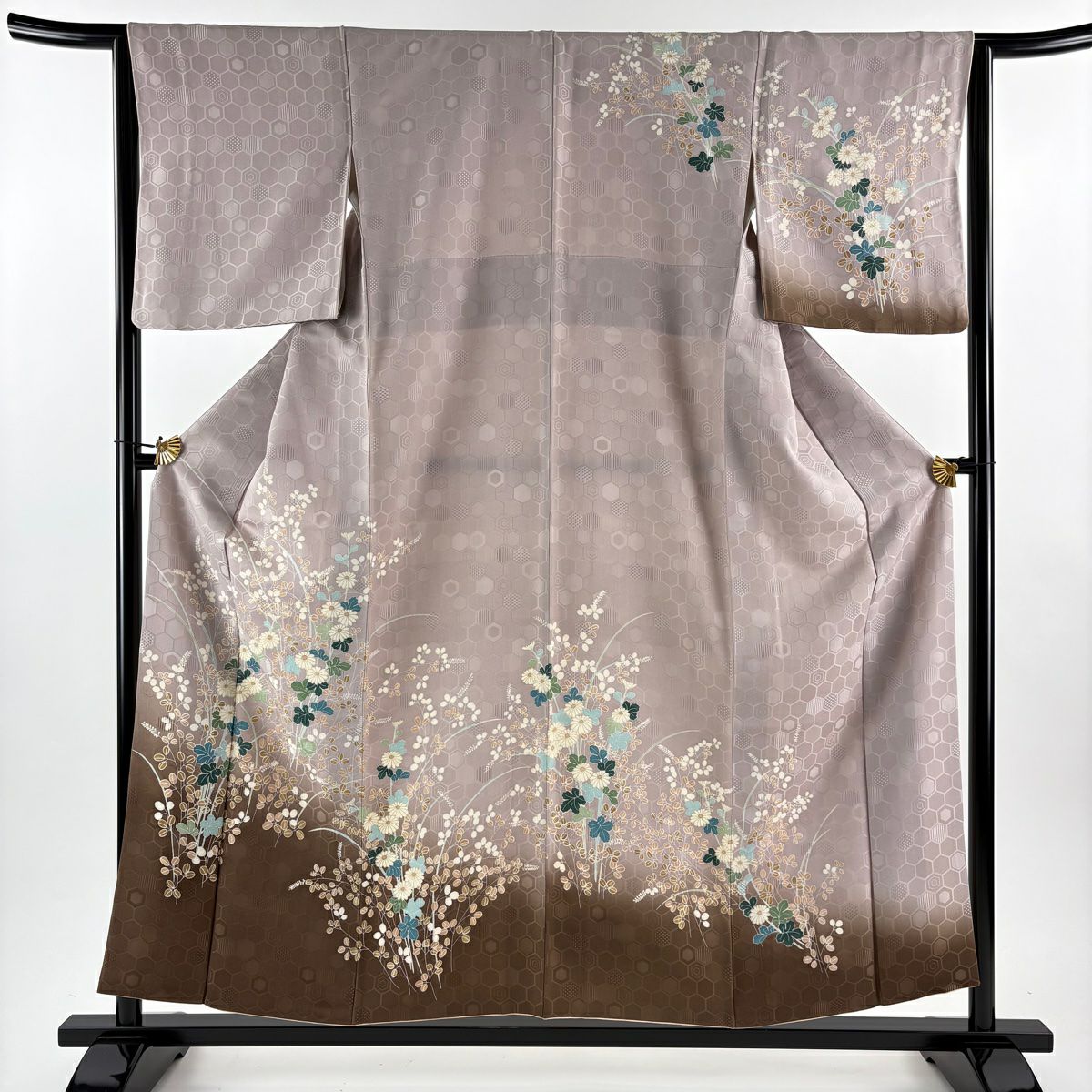 訪問服 身長156cm 袖長64.5cm M 雙層 菊花 萩 金彩裝飾 漸層 灰紫 純蠶絲 優品級