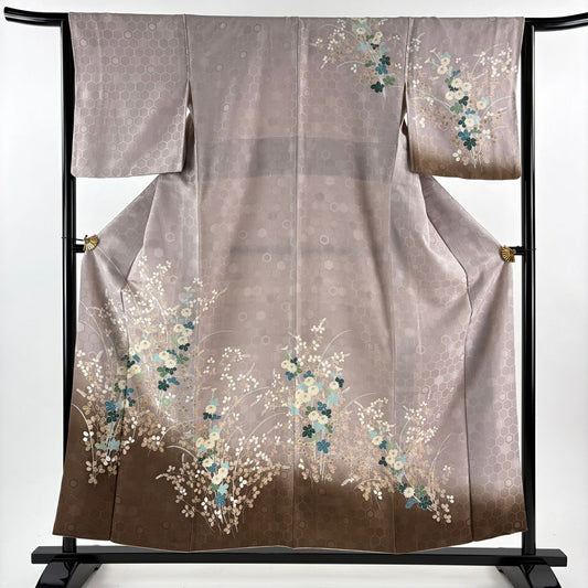 訪問服 身長156cm 袖長64.5cm M 雙層 菊花 萩 金彩裝飾 漸層 灰紫 純蠶絲 優品級