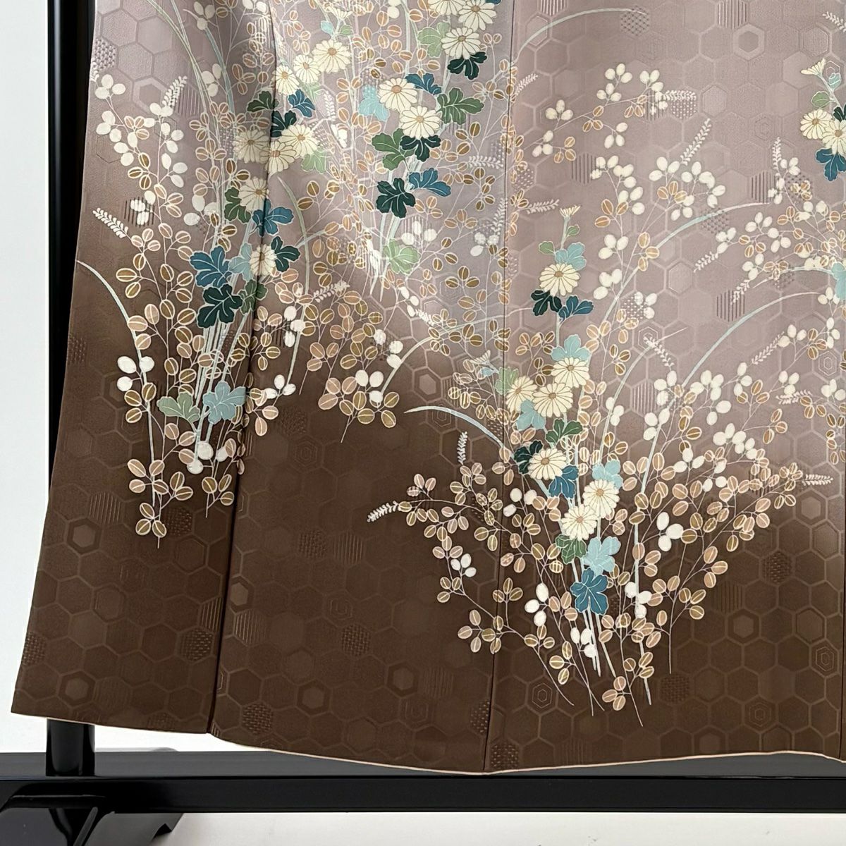 訪問服 身長156cm 袖長64.5cm M 雙層 菊花 萩 金彩裝飾 漸層 灰紫 純蠶絲 優品級
