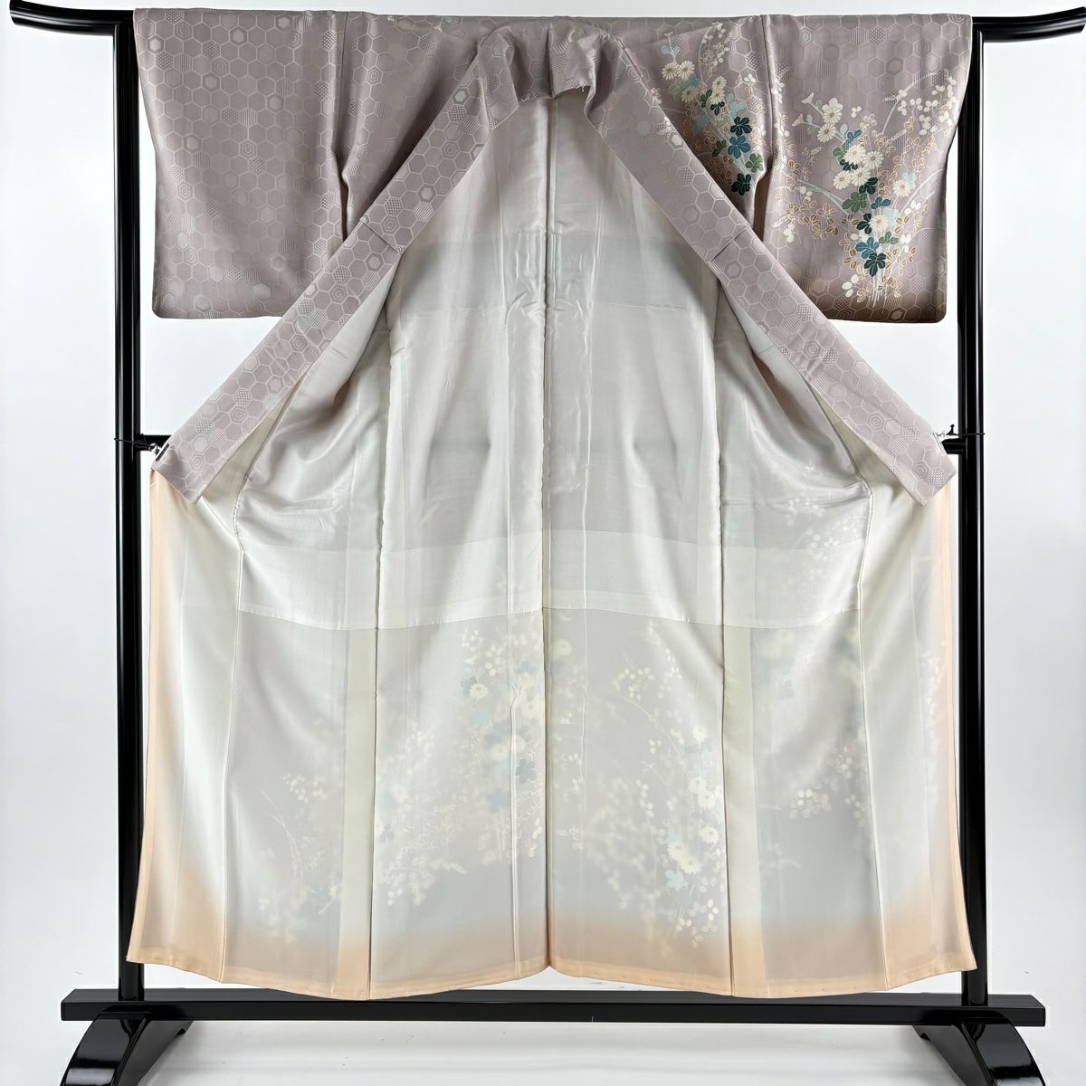 訪問服 身長156cm 袖長64.5cm M 雙層 菊花 萩 金彩裝飾 漸層 灰紫 純蠶絲 優品級
