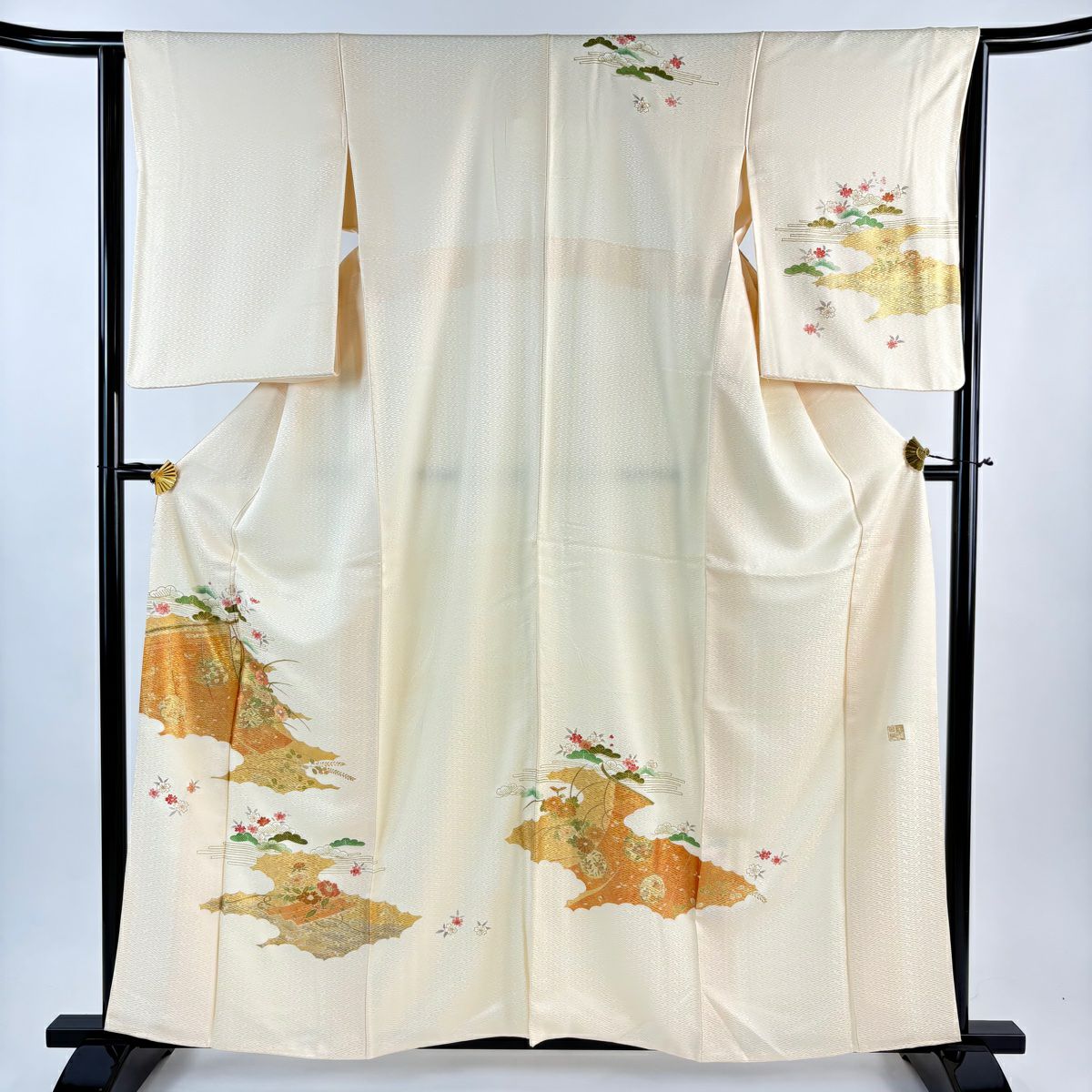 付下 身長160.5cm 袖長62.5cm S 雙層 落款有 几帳 草花紋 金絲 金銀彩 淺橙色 純蠶絲 優品級