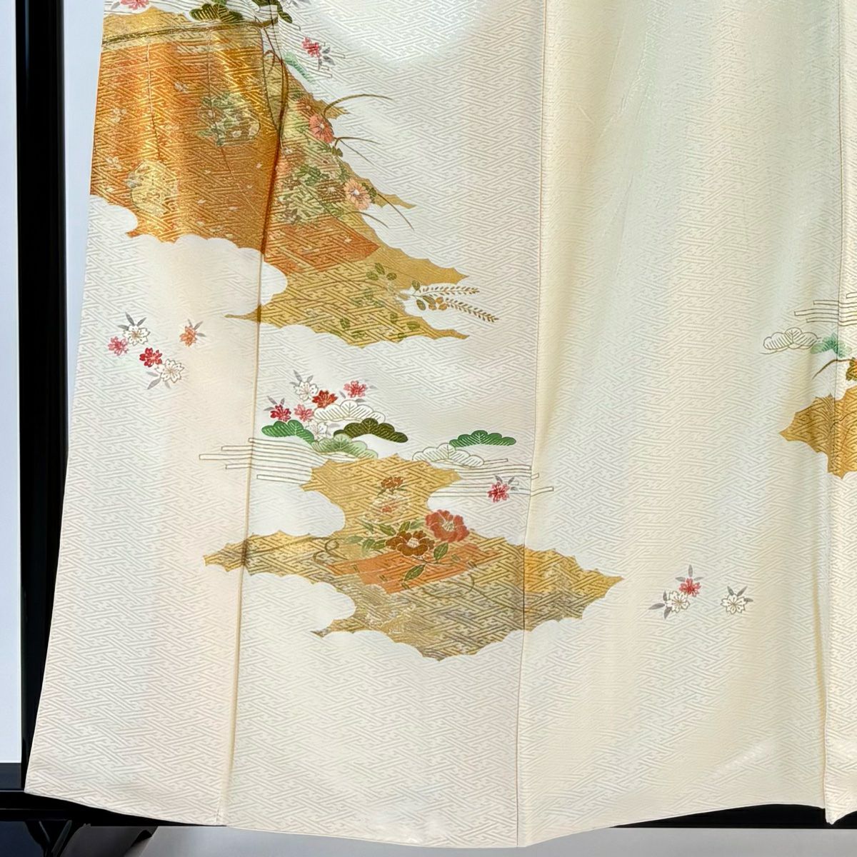付下 身長160.5cm 袖長62.5cm S 雙層 落款有 几帳 草花紋 金絲 金銀彩 淺橙色 純蠶絲 優品級