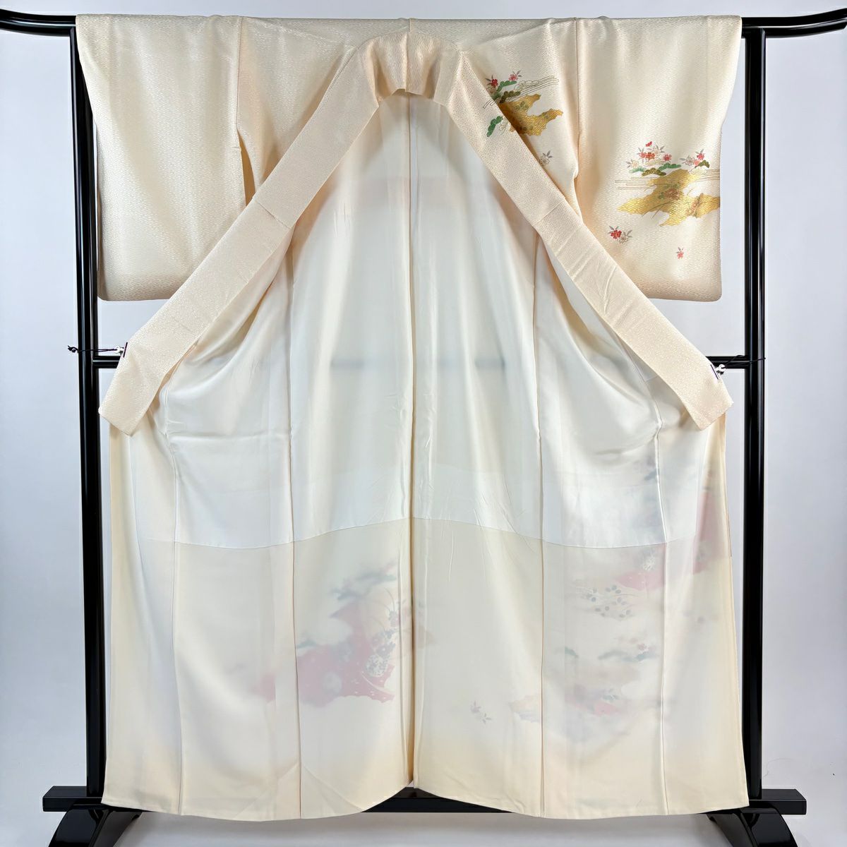 付下 身長160.5cm 袖長62.5cm S 雙層 落款有 几帳 草花紋 金絲 金銀彩 淺橙色 純蠶絲 優品級
