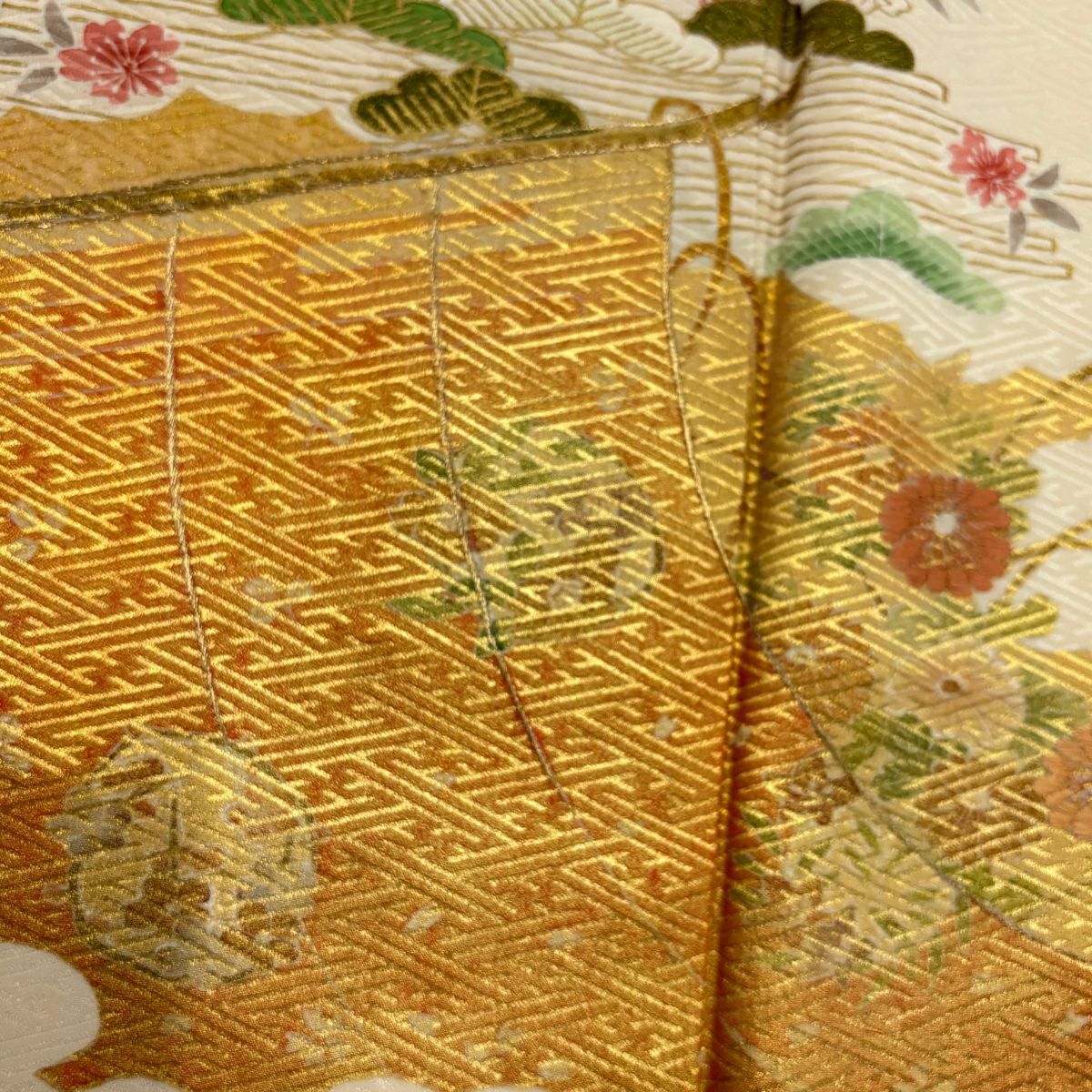 付下 身長160.5cm 袖長62.5cm S 雙層 落款有 几帳 草花紋 金絲 金銀彩 淺橙色 純蠶絲 優品級