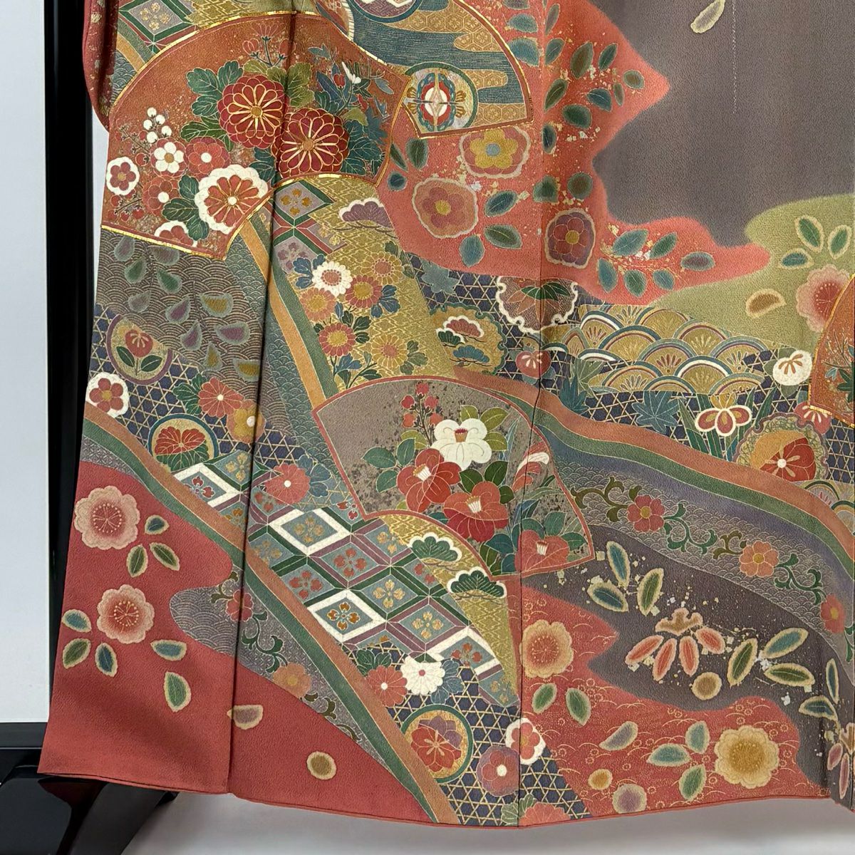 振袖禮服 身長162cm 袖長66cm M 雙層 落款有 扇子面 草花紋紋 金絲 金銀彩 粉紅 純蠶絲 優品級