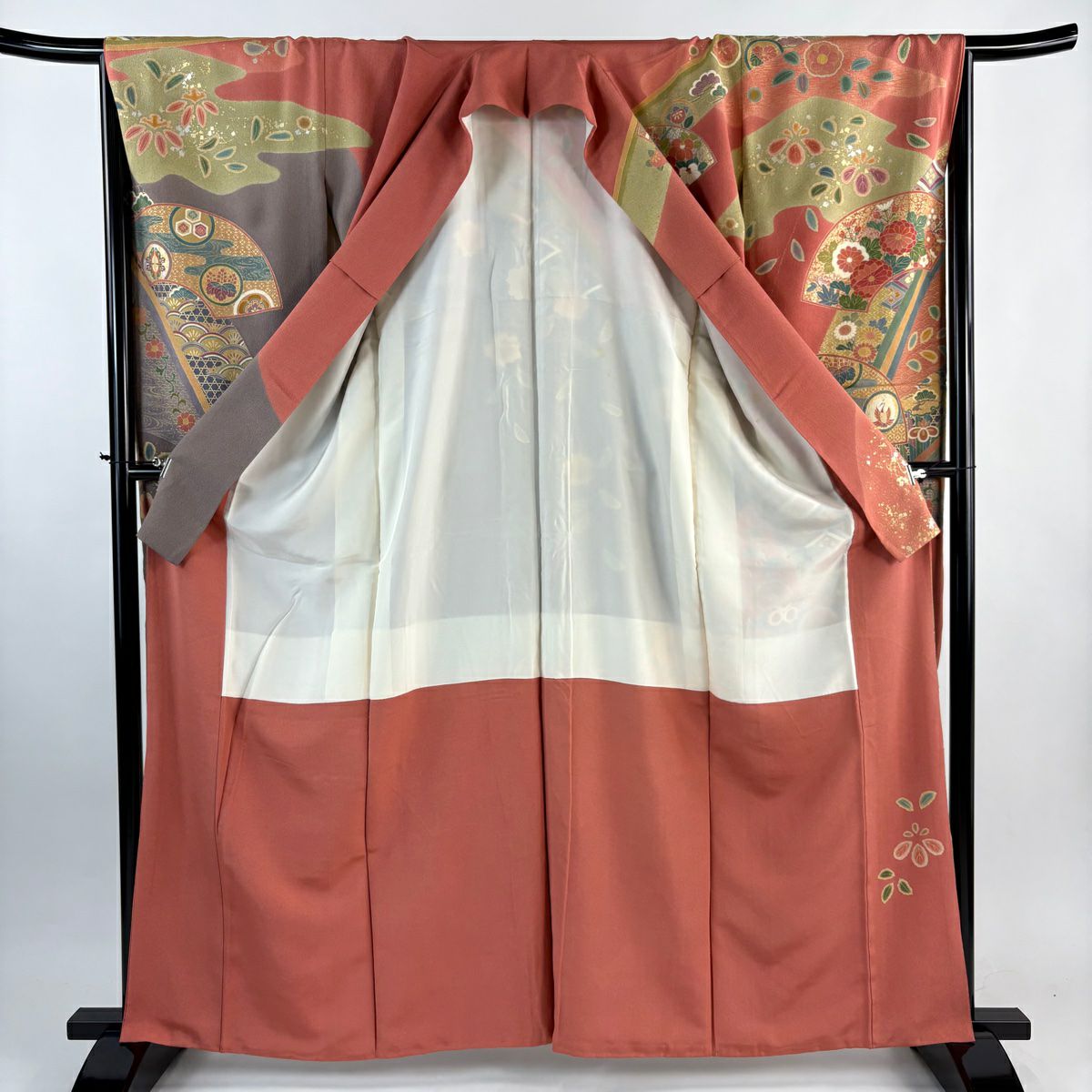 振袖禮服 身長162cm 袖長66cm M 雙層 落款有 扇子面 草花紋紋 金絲 金銀彩 粉紅 純蠶絲 優品級