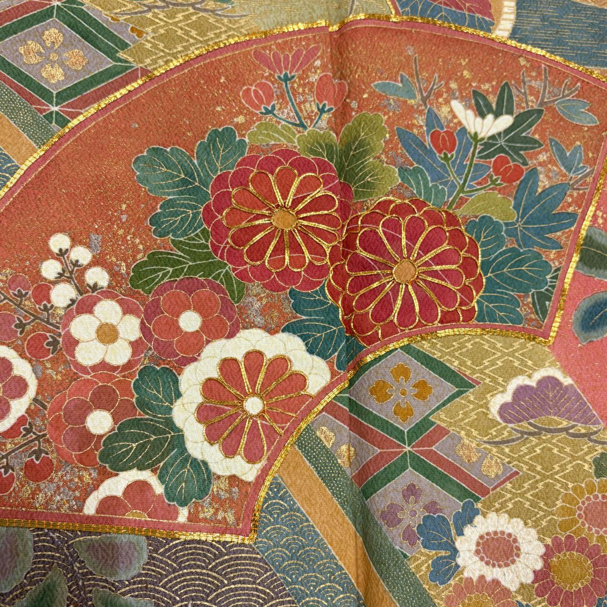 振袖禮服 身長162cm 袖長66cm M 雙層 落款有 扇子面 草花紋紋 金絲 金銀彩 粉紅 純蠶絲 優品級