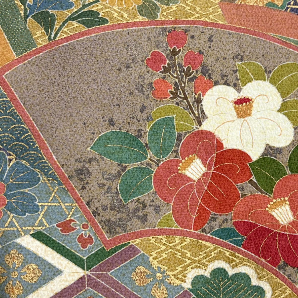 振袖禮服 身長162cm 袖長66cm M 雙層 落款有 扇子面 草花紋紋 金絲 金銀彩 粉紅 純蠶絲 優品級