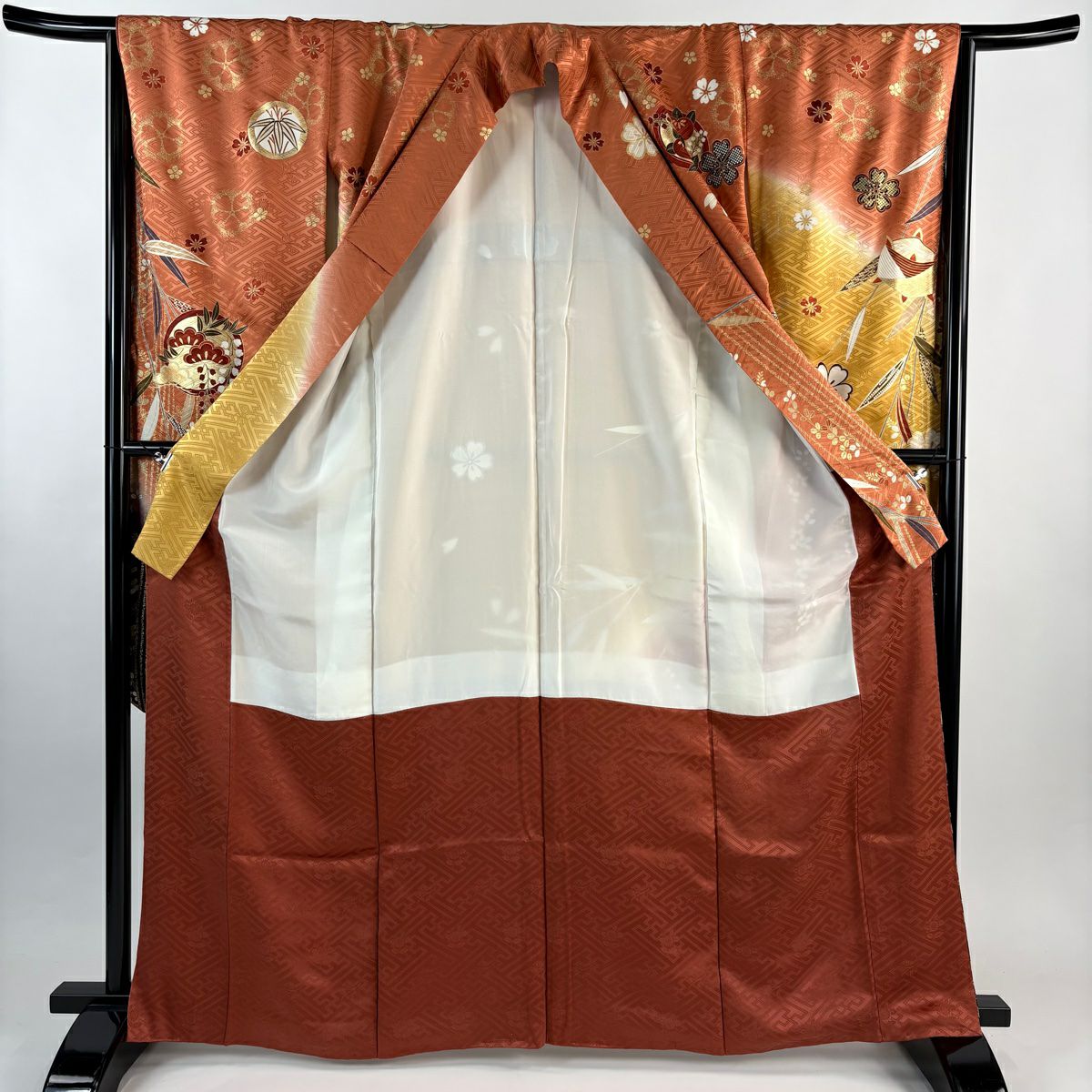 振袖禮服 身長165.5cm 袖長65.5cm M 雙層 蝶 桐 金銀彩 漸層 橙色 純蠶絲 優品級