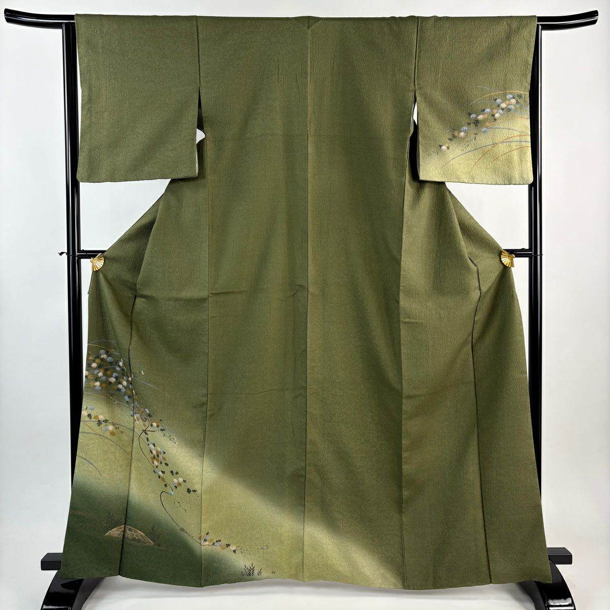 付下 身長164.5cm 袖長64cm M 雙層 鼓 草花紋紋 金銀彩 漸層 鶯色 純蠶絲 秀品級