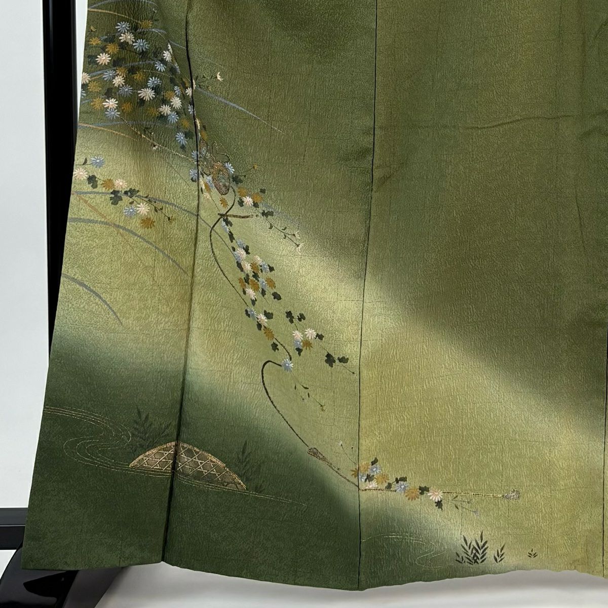 付下 身長164.5cm 袖長64cm M 雙層 鼓 草花紋紋 金銀彩 漸層 鶯色 純蠶絲 秀品級