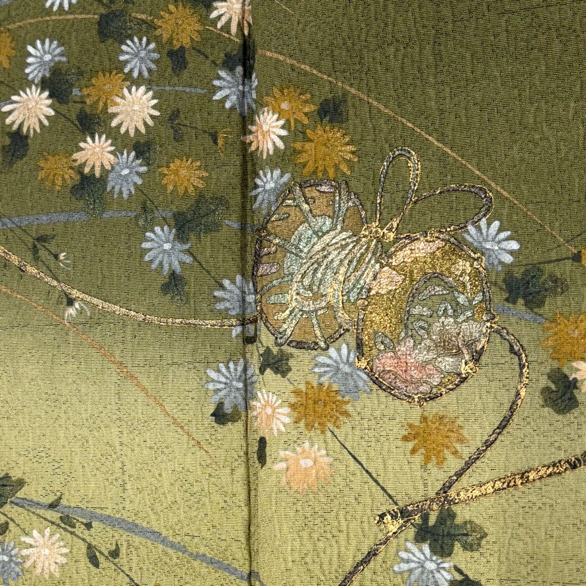 付下 身長164.5cm 袖長64cm M 雙層 鼓 草花紋紋 金銀彩 漸層 鶯色 純蠶絲 秀品級