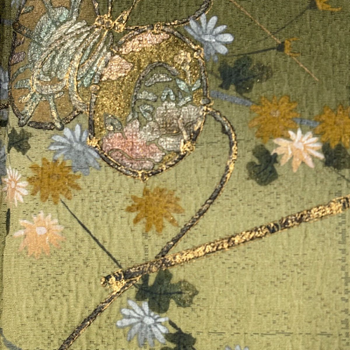 付下 身長164.5cm 袖長64cm M 雙層 鼓 草花紋紋 金銀彩 漸層 鶯色 純蠶絲 秀品級