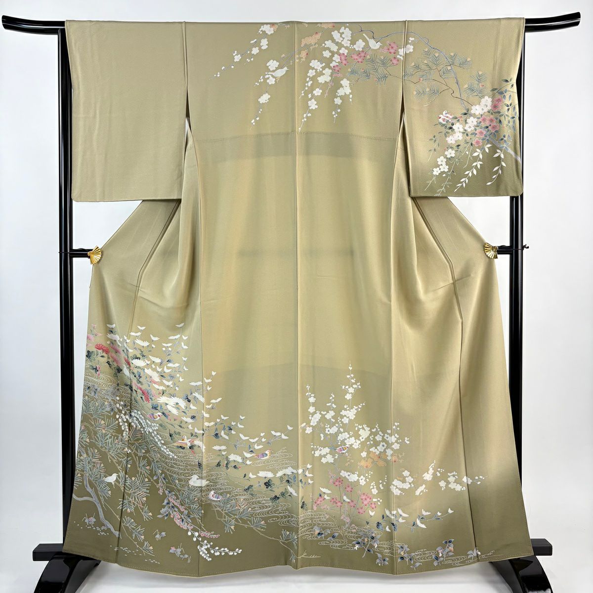 訪問服 身長161cm 袖長65.5cm M 雙層 鳥 草花紋紋 漸層 灰茶 純蠶絲 秀品級